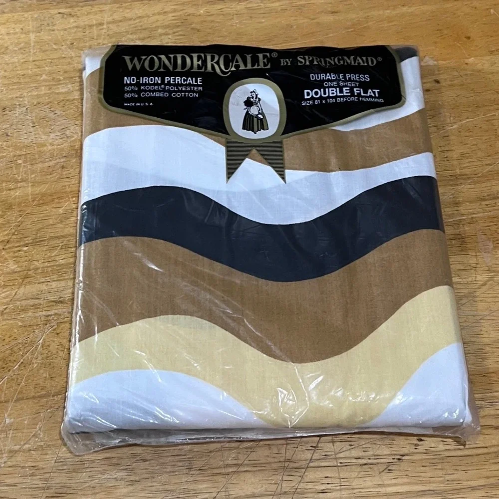 Vtg 70s Springmaid Wondercale Double Flat Sheet Wavy Stripe Brown Tan Retro MCM
